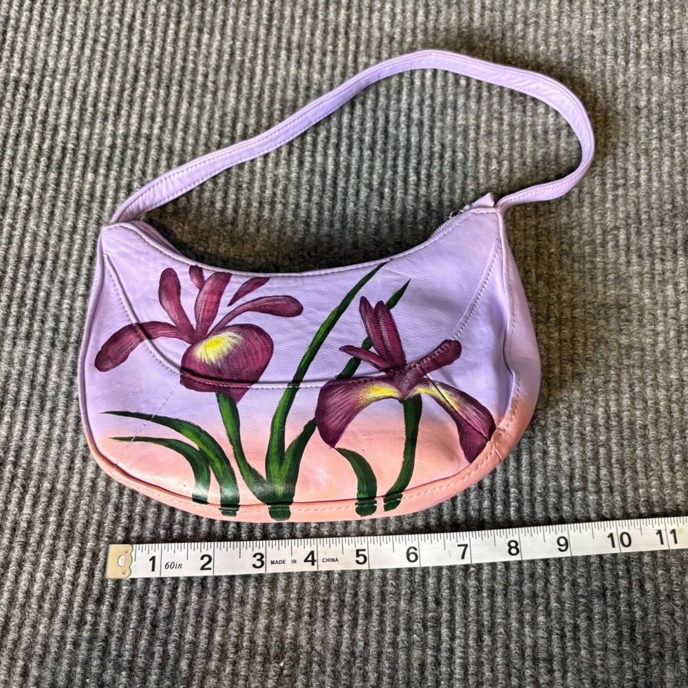 Via Via Couture Hand Painted Floral Leather Baguette Shoulder Bag Purple Y2K - Picture 5 of 6